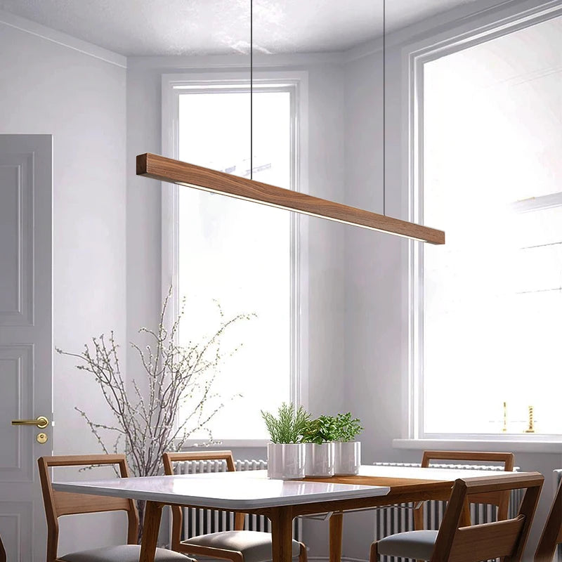 Luces colgantes de madera, lámpara colgante de mesa moderna, luz LED lineal larga, iluminación de Isla de cocina para comedor, sala de estar y oficina