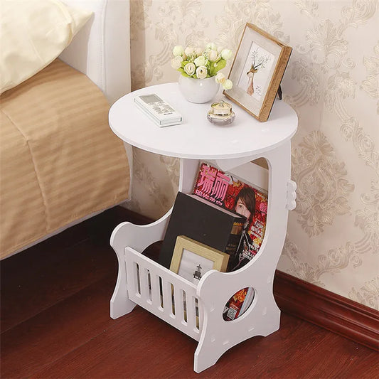 JOYLIVE Mini Table basse ronde en plastique européenne, Simple, en plastique, pour salon, chambre à coucher, étagère de rangement, Table de chevet, blanc