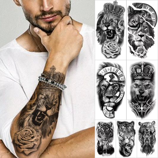 Autocollant de tatouage temporaire imperméable forêt Lion tigre ours tatouages ​​Flash femmes léopard loup couronne corps Art bras faux Tatoo hommes