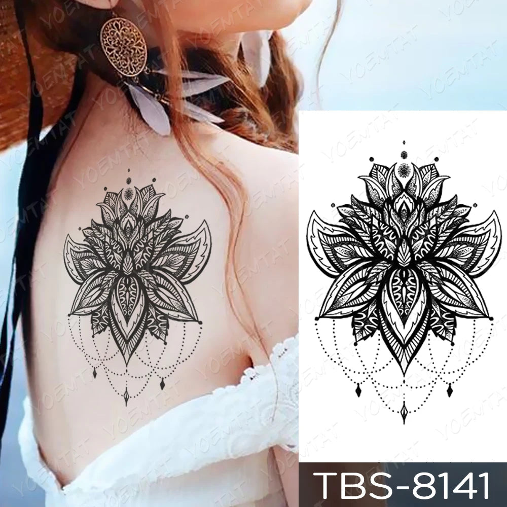 Tatuaje temporal a prueba de agua pegatina pecho encaje Henna Mandala Flash tatuajes Lobo diamante flor arte corporal brazo Tatuaje falso mujeres hombres