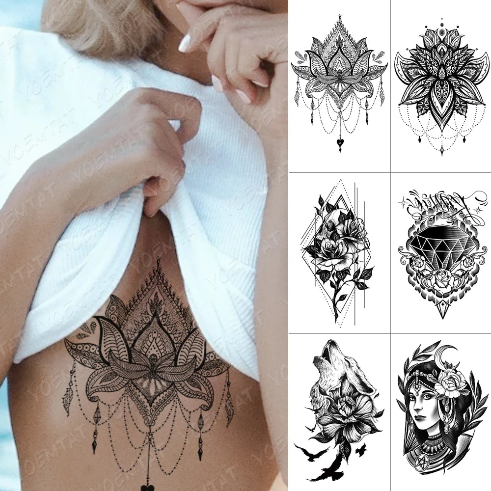 Tatouage temporaire imperméable, autocollant de poitrine, dentelle, henné, Mandala, Flash, loup, diamant, fleur, bras d'art corporel, faux tatouage pour femmes et hommes