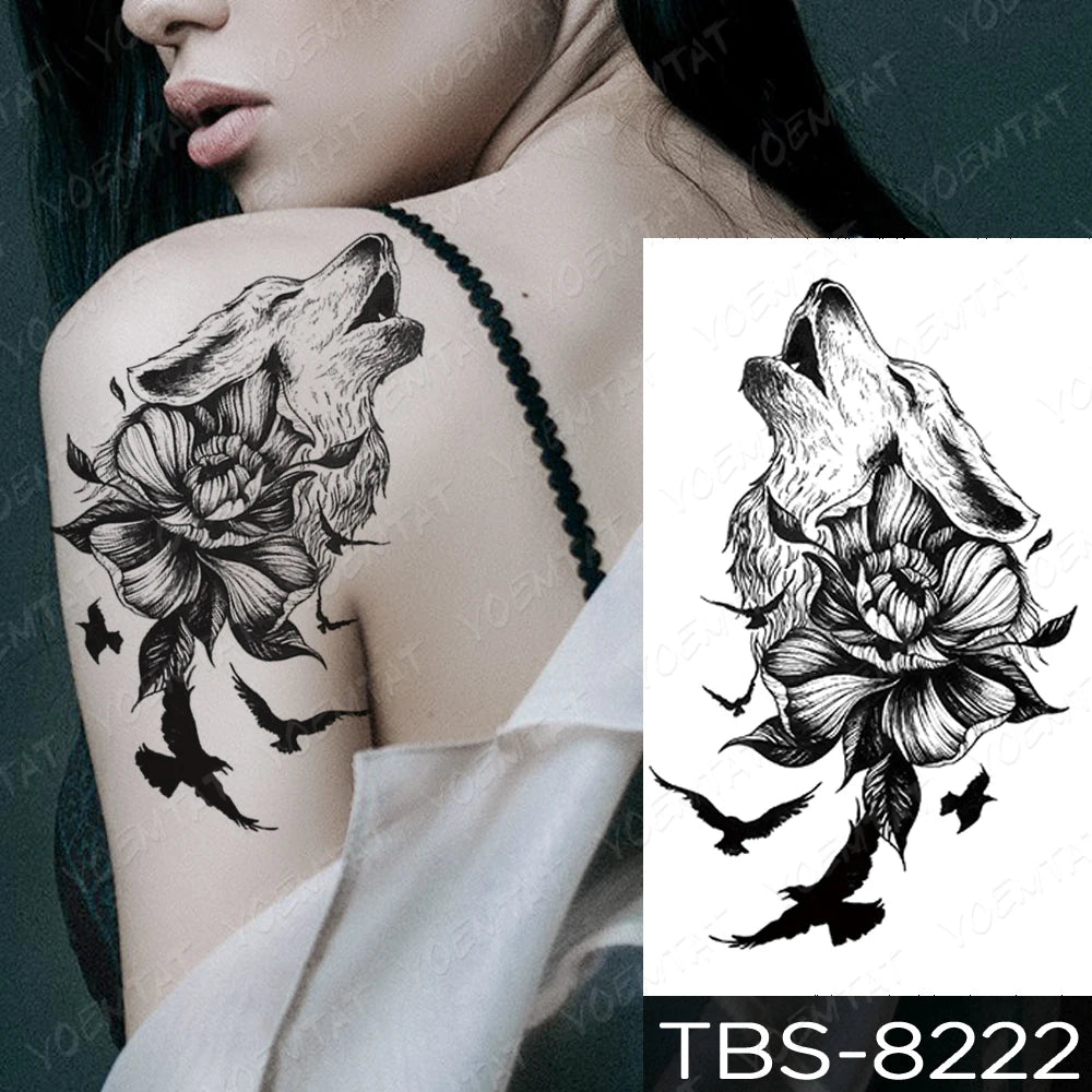 Tatuaje temporal a prueba de agua pegatina pecho encaje Henna Mandala Flash tatuajes Lobo diamante flor arte corporal brazo Tatuaje falso mujeres hombres