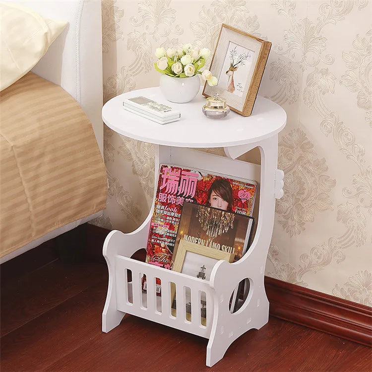 JOYLIVE European Mini Plastic Round Coffee Tea Table Home Simple Plastic Living Room Bedroom Storage Shelf Bedside Table White