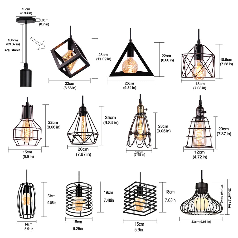 Lámpara colgante Industrial Retro, jaula de Metal Negro Nórdico, accesorios de iluminación, jaula de hierro para Loft, lámparas colgantes ajustables Vintage para cocina