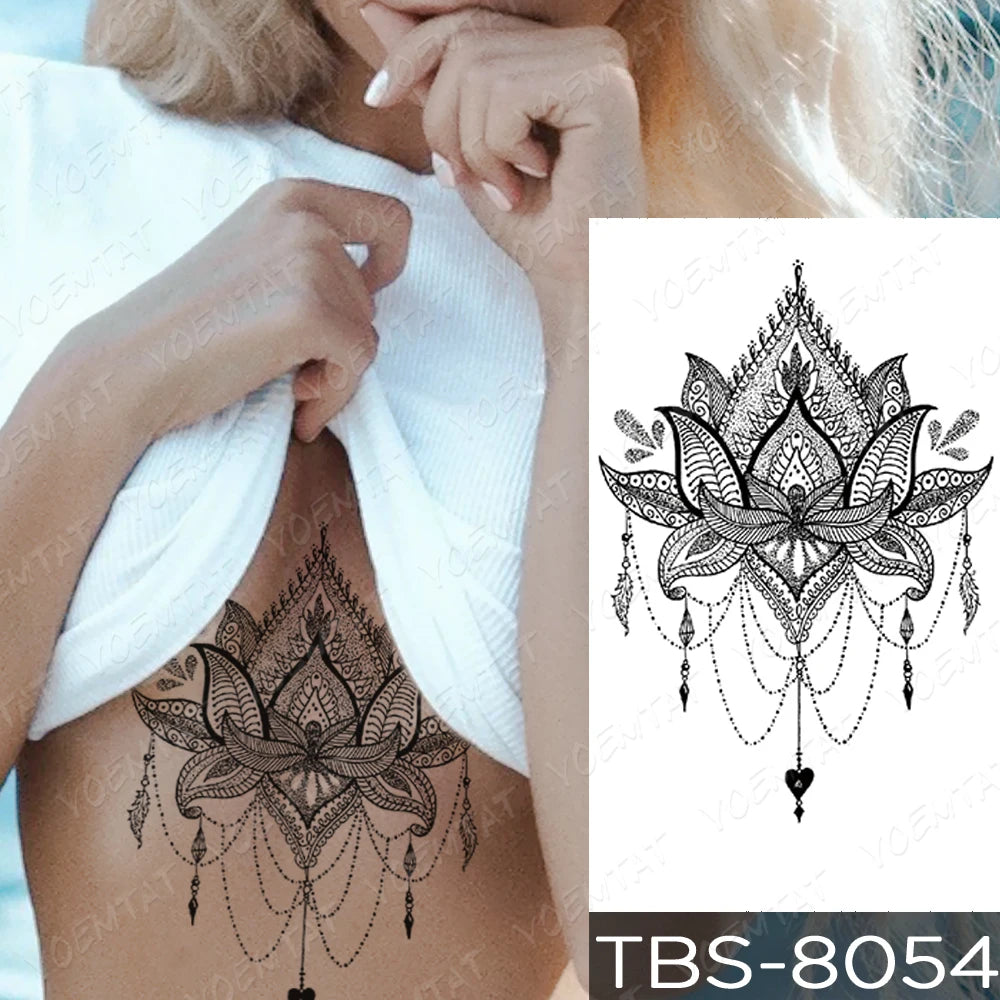 Tatouage temporaire imperméable, autocollant de poitrine, dentelle, henné, Mandala, Flash, loup, diamant, fleur, bras d'art corporel, faux tatouage pour femmes et hommes