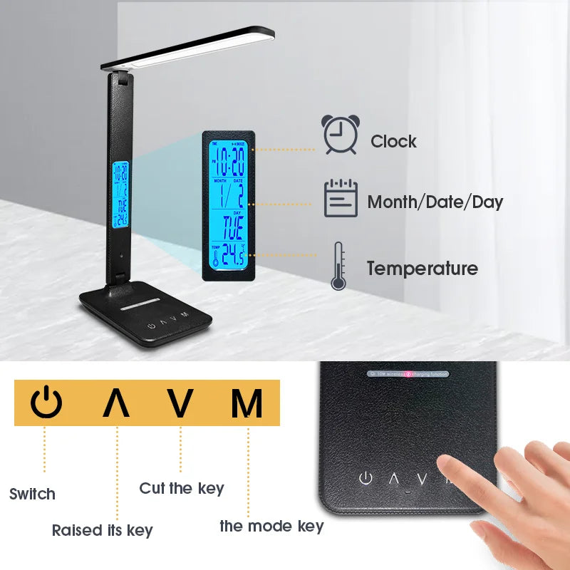 LAOPAO 10W QI charge sans fil LED lampe de bureau avec calendrier température réveil protection des yeux étude lampe de Table d'affaires