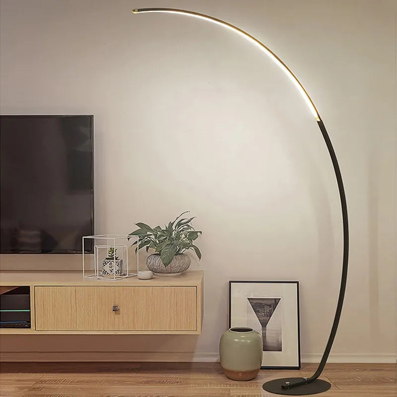 Nordic modern arc LED floor lamp, dimmable and colorful control black and white art deco lighting for living room and bedroom