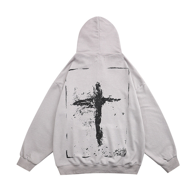 Sweat à capuche à manches longues pour hommes, rétro, aspect usé, Graffiti délavé, croix imprimée, Ins, tendance, imprimé religieux