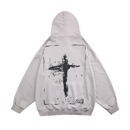 Sudadera con capucha con estampado de cruces y grafiti desgastado para hombre, ropa de calle Retro, manga larga con estampado religioso de moda Ins