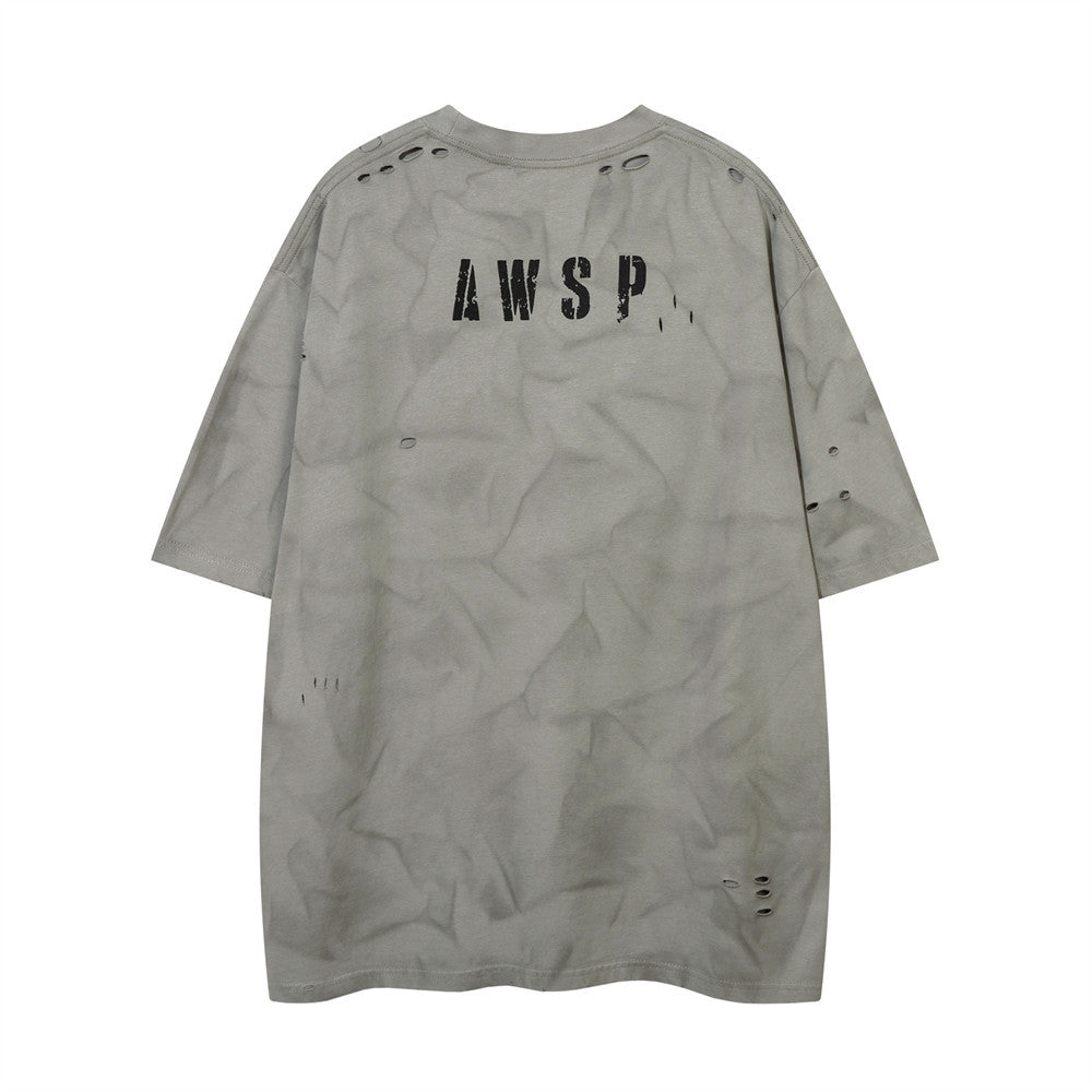 Letter Printed Ripped Short Sleeve T-shirt