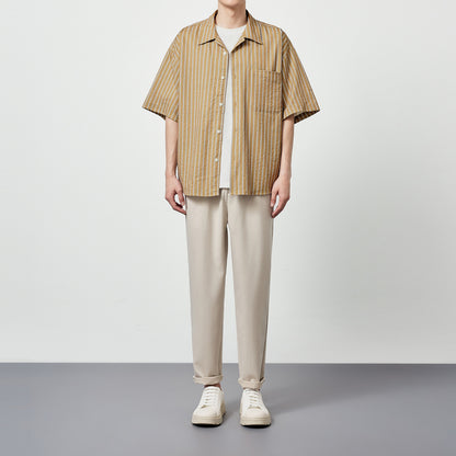 Seersucker Striped Printed Short Sleeve Shirt With Eight-character Collar