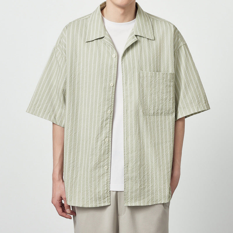 Seersucker Striped Printed Short Sleeve Shirt With Eight-character Collar