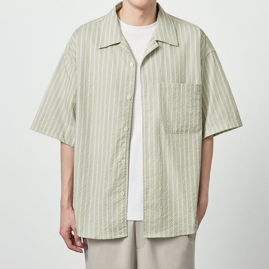 Seersucker Striped Printed Short Sleeve Shirt With Eight-character Collar