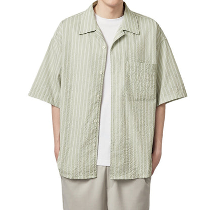 Seersucker Striped Printed Short Sleeve Shirt With Eight-character Collar