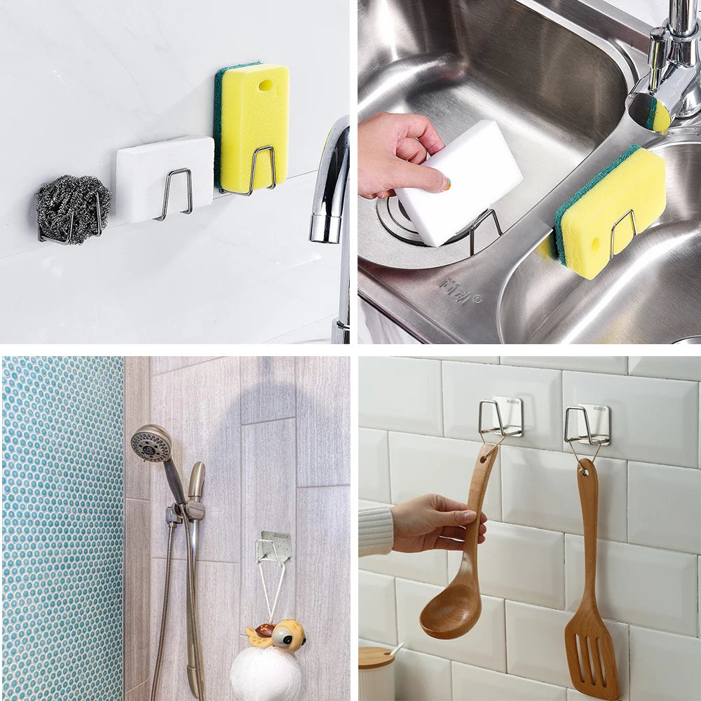 Kitchen Sponges Holder Stainless Steel Sink Sponges Drain Drying Rack Self Adhesive Storage Holder Wall Hooks Kitchen Organizer