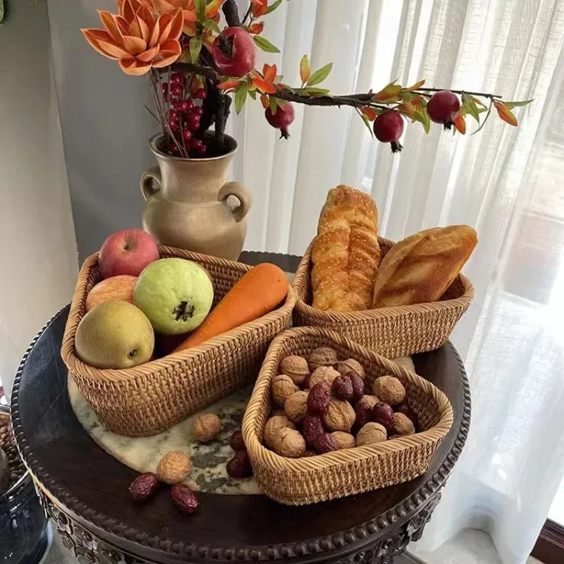 Panier rectangulaire en rotin et osier tissé à la main, boîte de rangement pour fruits, thé, collation, pain, pique-nique, cosmétiques, fournitures de cuisine, outils ménagers