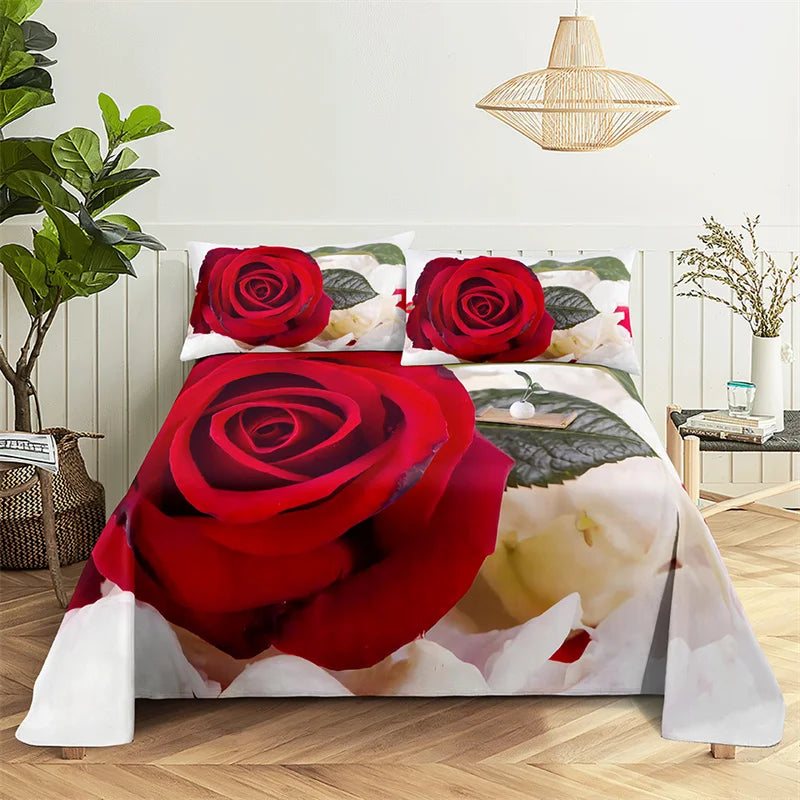 Red Rose Flowers Queen Sheet Set Girl Lovers Room Bedding Set Bed Sheets and Pillowcases Bedding Flat Sheet Bed Sheet Set