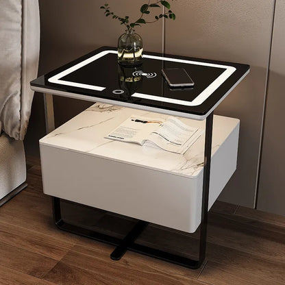 Mesita de noche de madera inteligente, mesitas de noche de estilo moderno para dormitorio con carga inalámbrica, Altavoz Bluetooth, gabinete lateral de almacenamiento para el hogar