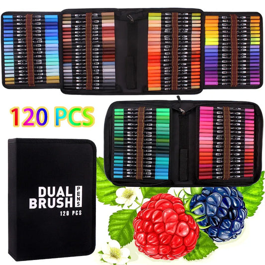 Watercolor Brush Marker Pen 60/120 Colored Dual Tip Art Markers Felt Tip Pens Sketchbooks For Drawing Stationery Supplies