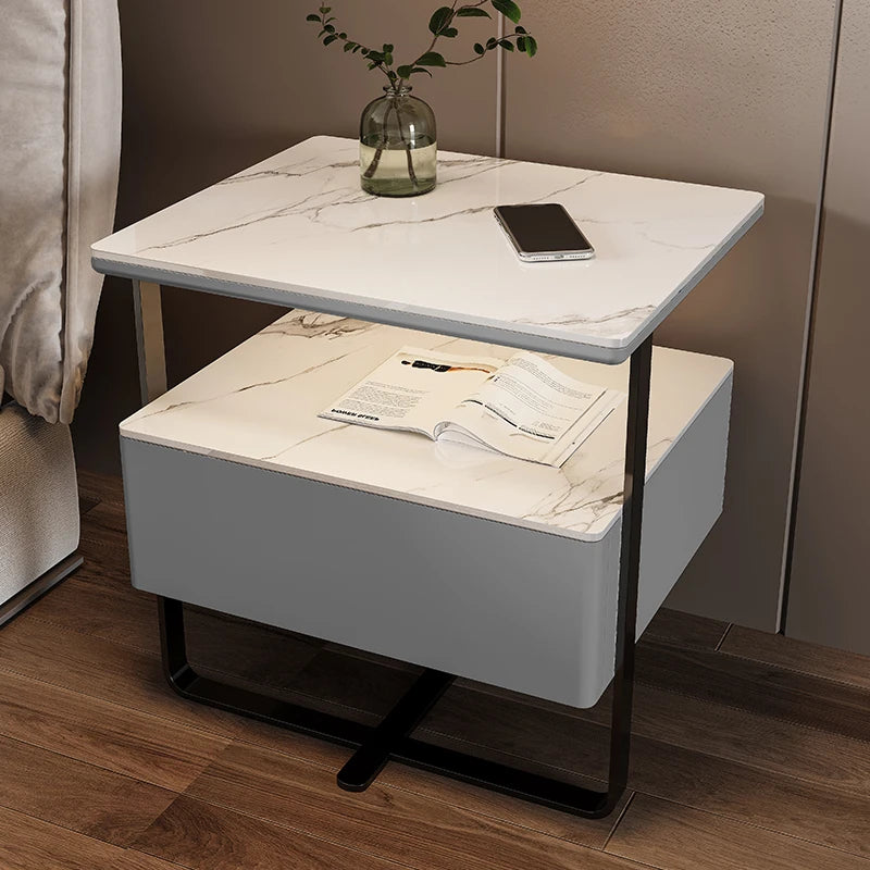 Mesita de noche de madera inteligente, mesitas de noche de estilo moderno para dormitorio con carga inalámbrica, Altavoz Bluetooth, gabinete lateral de almacenamiento para el hogar