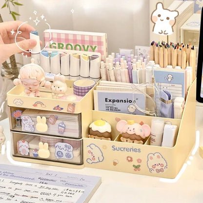 Desktop Cosmetic Storage Box Organizer Drawer Office Storage Rack Stationery Desk Pen Holder Bunny Drawer Organizer Cute Kawaii