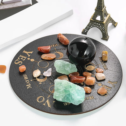 Round Wood Carving Moon Phase Pendulum Plate Energy Plate Home Decor Ornaments Divination Props Crystal Stone Base Accessories