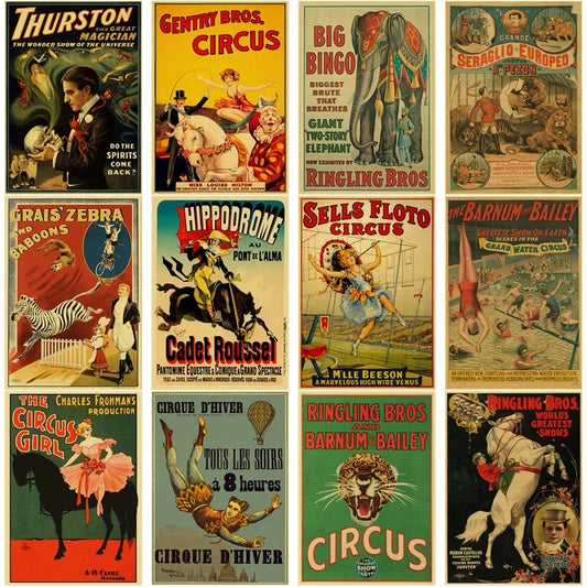 Retro Circus Posters Acrobat Magician Wild West Kraft Paper Prints Vintage Home Room Aesthetic Art Wall Decor Painting Picture