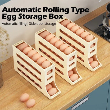 Caja de almacenamiento de huevos para refrigerador, soporte de desplazamiento automático para huevos, estante de almacenamiento de huevos enrollable dedicado para cocina de gran capacidad para el hogar