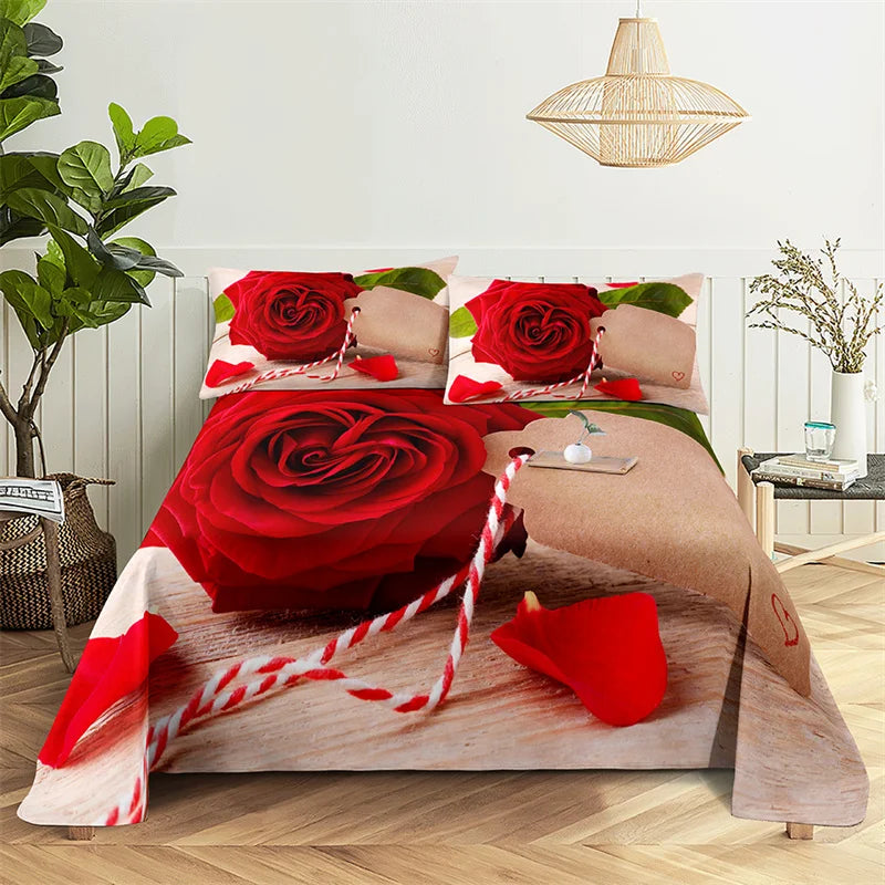 Juego de sábanas Queen con flores de rosas rojas, juego de cama para habitación de amantes de las niñas, sábanas y fundas de almohada, juego de sábanas planas