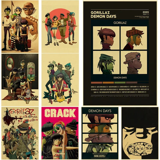 Pósteres retro de Gorillaz, impresiones musicales, póster de Demon Days, papel Kraft, decoración vintage para el hogar, la habitación, el bar, el club, imagen, arte de bricolaje, pintura de pared