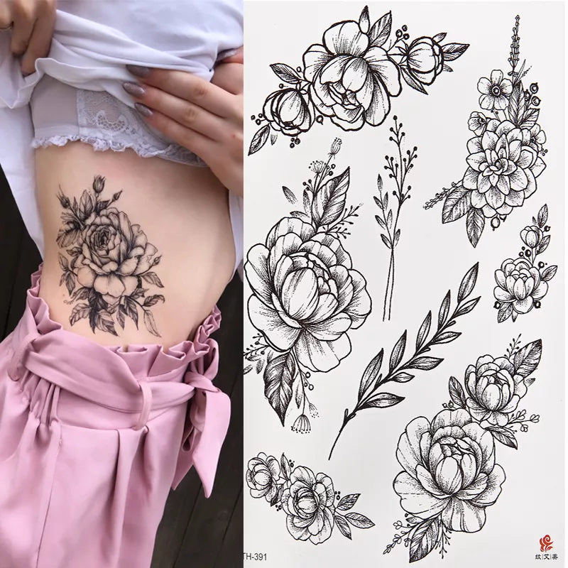 Autocollant de tatouage temporaire imperméable à l'eau Roses noires motif de fleur conception pleine fleur bras corps Art grand grand faux autocollant de tatouage 1PC