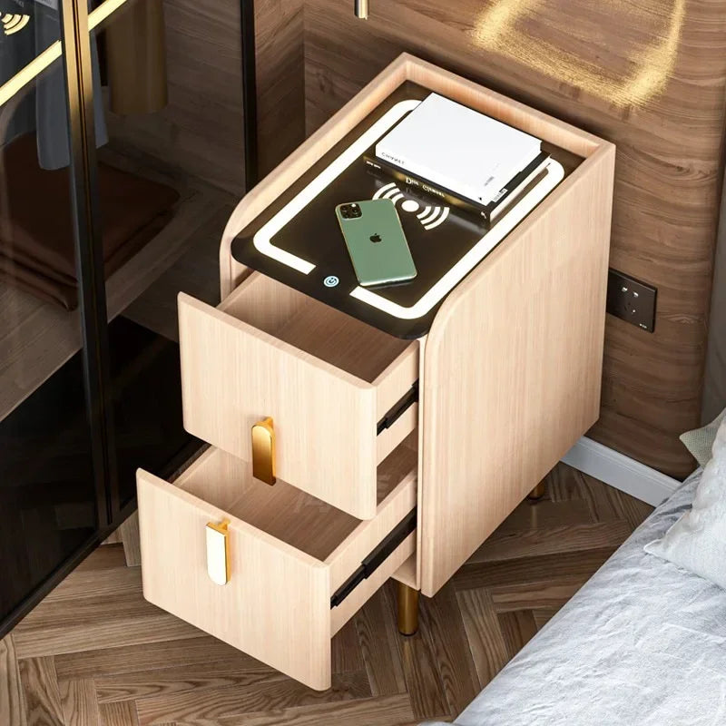 Ultra-Narrow Smart Bedside Table Modern Style White Nightstands Narrow Solid Wood Muebles Home Furniture With Wireless Charger