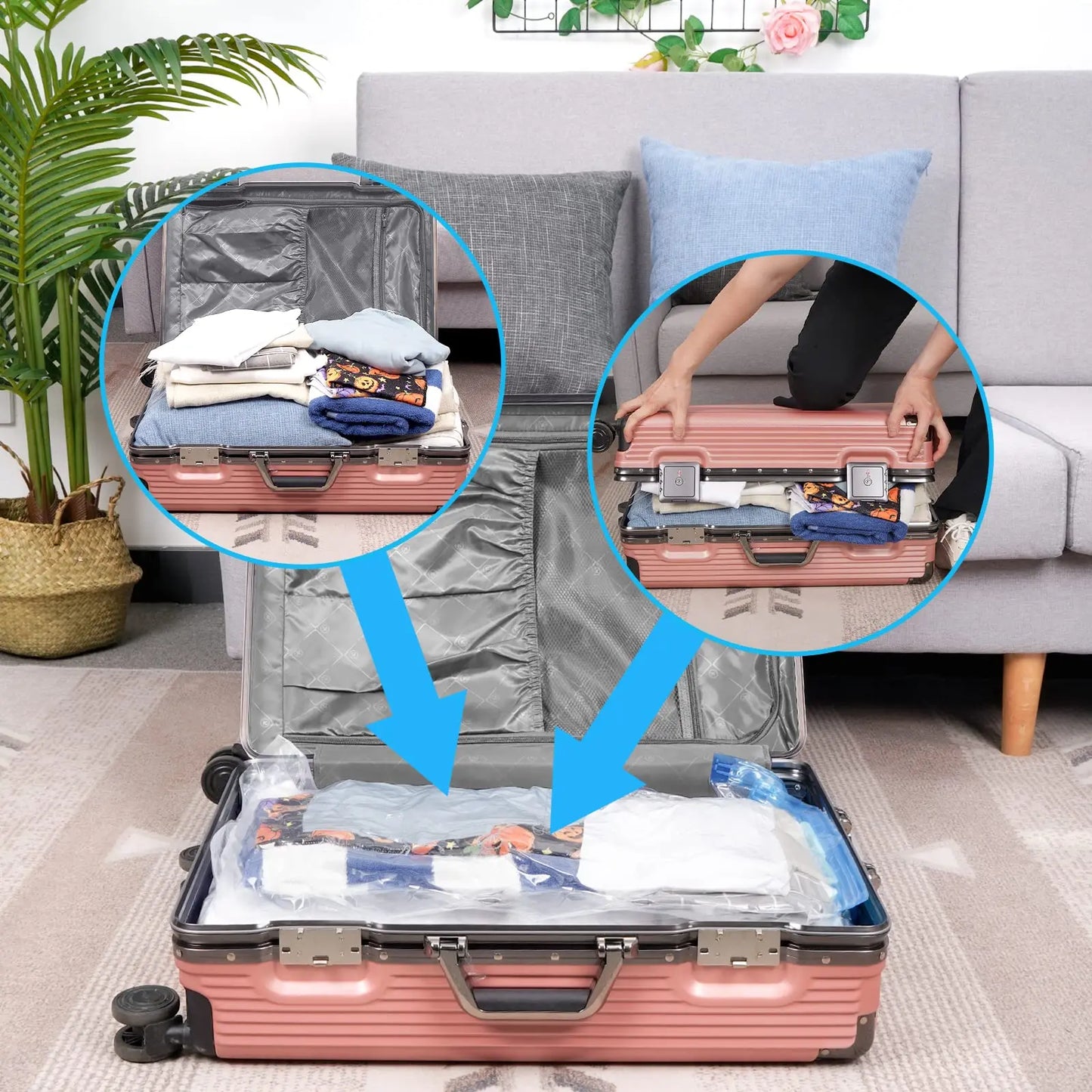 Bolsas de almacenamiento al vacío, ahorro de espacio, 80% más organizador de compresión, bolsas selladoras al vacío con bomba manual de viaje para mantas y ropa