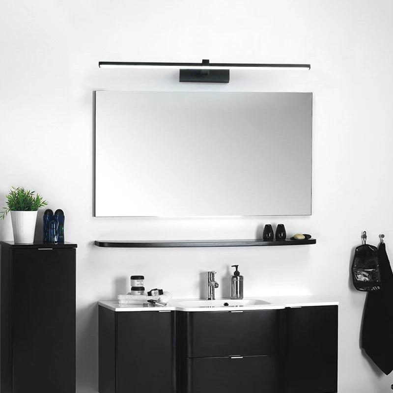 Lámpara de pared LED moderna para baño, lámpara de pared de tres colores, Led NEGRO de aluminio, accesorio de lámpara en línea para espejo de baño blanco