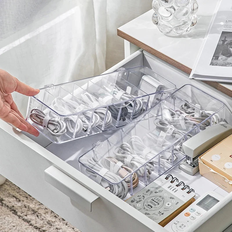 See-Through Charge Cable Organizer Box,Data Cable Management Box USB Cord Sorter, Small Desk Accessories Organizer and Storage