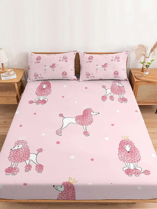 Matelas de lit rose Queen Size, drap-housse avec bande de caoutchouc élastique, ensemble de taies d'oreiller, motif caniche à pois, dessin animé rose