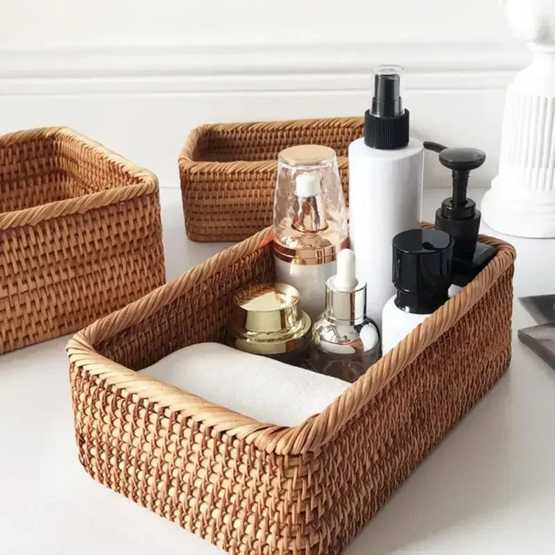 Handwoven Rectangular Rattan Wicker Basket Fruit Tea Snack Bread Picnic Cosmetic Storage Box Kitchen Supplies Household Tools