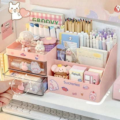 Desktop Cosmetic Storage Box Organizer Drawer Office Storage Rack Stationery Desk Pen Holder Bunny Drawer Organizer Cute Kawaii