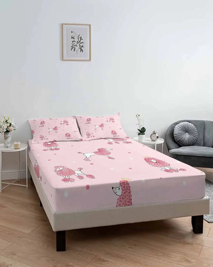 Poodle Polka Dot Cartoon Pink Queen Size Bed Mattress Fitted sheet Elastic Rubber Band Non-slip Bed Sheet Pillowcase Set