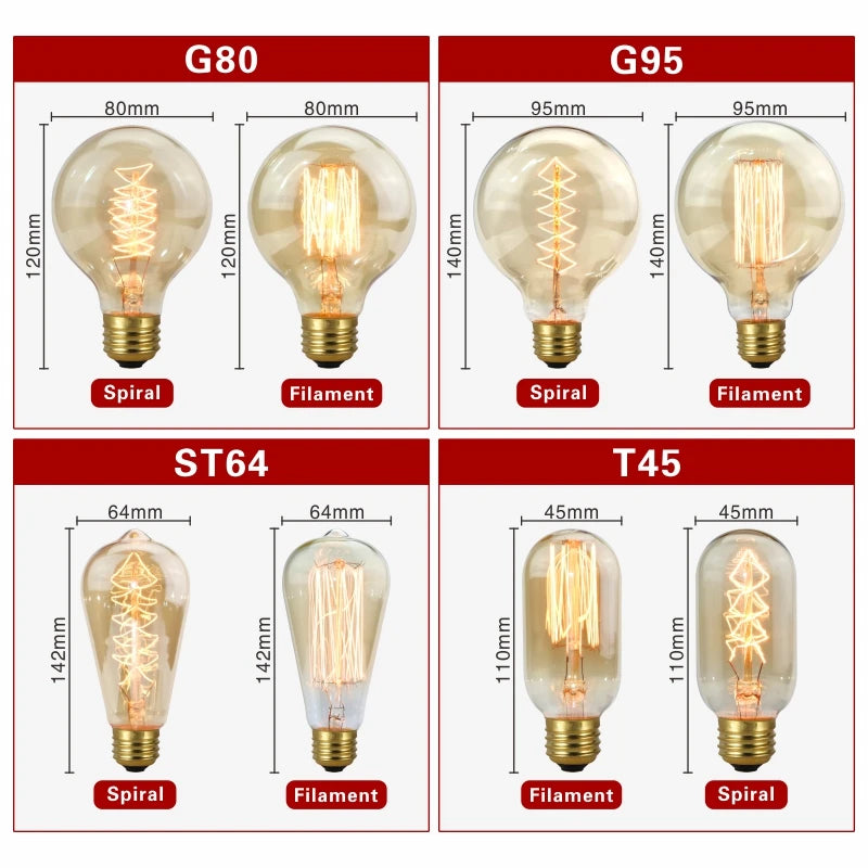 Retro Edison Bulb E27 220V 40W Light Bulb A60 ST58 ST64 T10 T45 T185 G80 G95 Filament Vintage Ampoule Incandescent Spiral Lamp