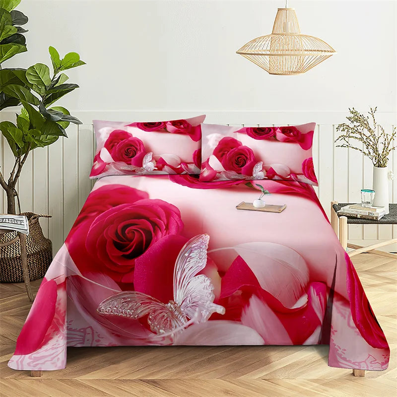 Ensemble de draps à fleurs de roses rouges, ensemble de literie pour chambre d'amoureux de filles, draps et taies d'oreiller, drap plat