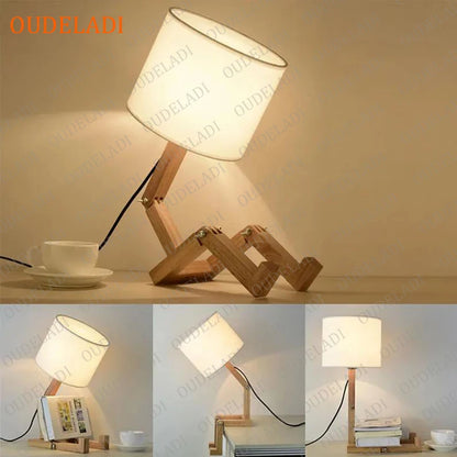 Robot Shape Wooden Table Lamp E14 Lamp Holder 110-240V Modern Cloth Art Wood Desk Table Lamp Parlor Indoor Study Night Light