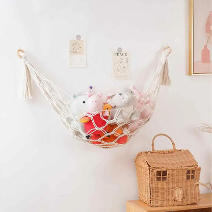 Hamaca de macramé con red para almacenamiento de juguetes, decoración Bohemia, juguetes para habitación de niños, animales de peluche, red para hamaca, organizador, soporte de almacenamiento bohemio