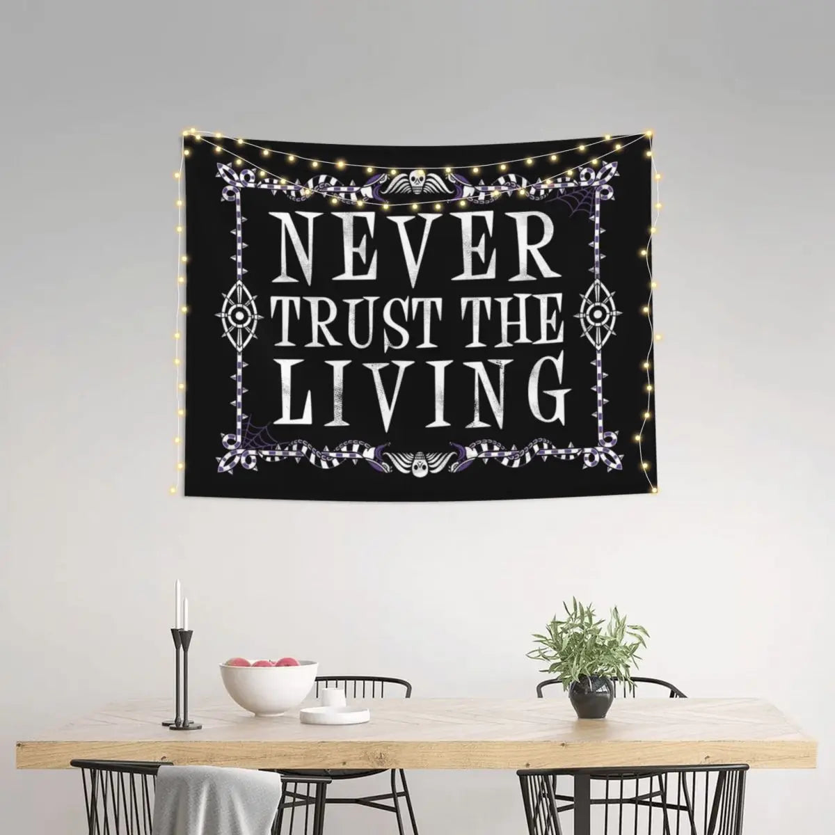 Tapiz Hippie Never Trust The Living para sala de estar, decoración de ropa de cama, tapices con cita de bruja de Halloween oculta gótica para el hogar