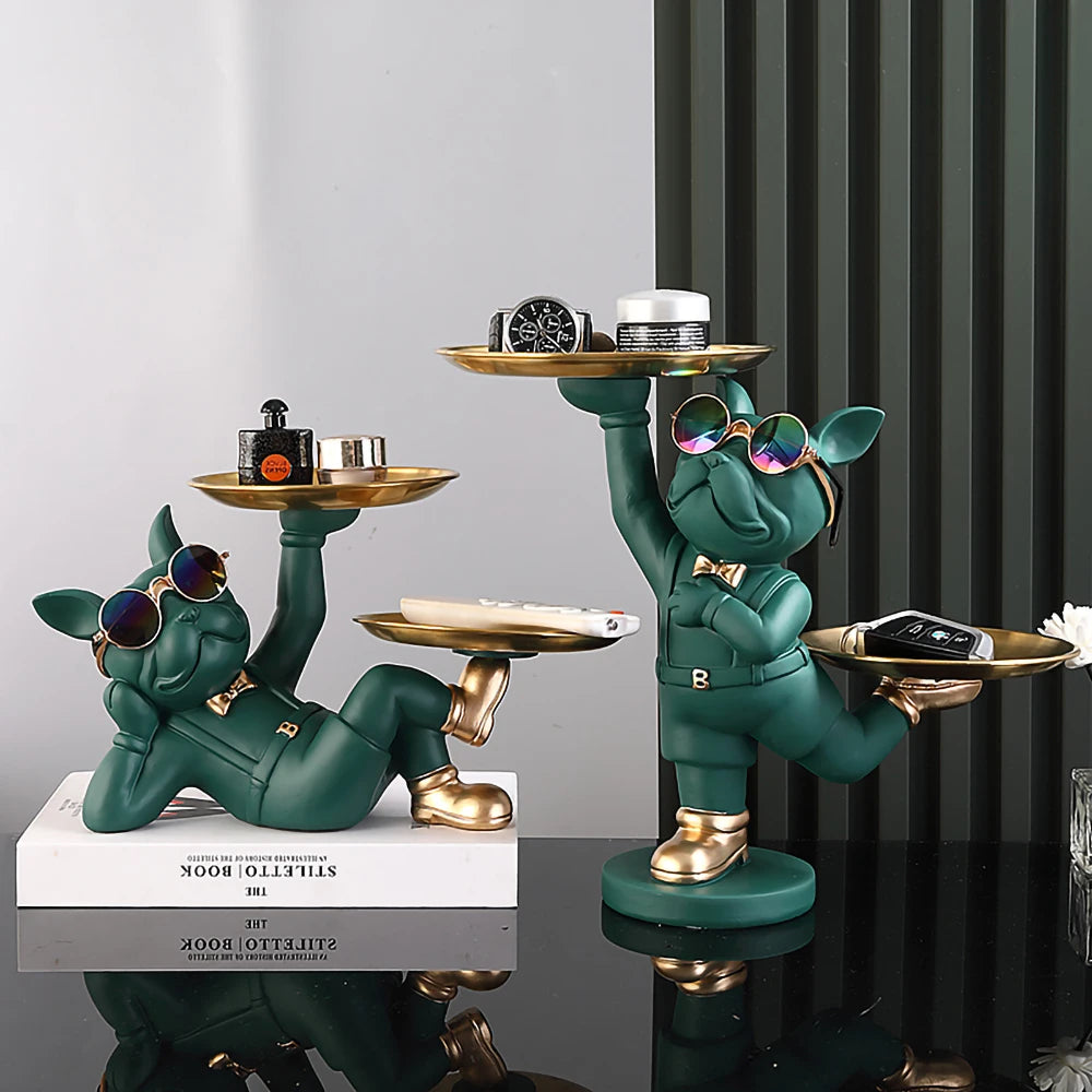 Resin Dog Statue Room Decor,Butler Sculpture with 2 Trays for Storage,French Bulldog Figurine Home Decoration,Table Ornaments