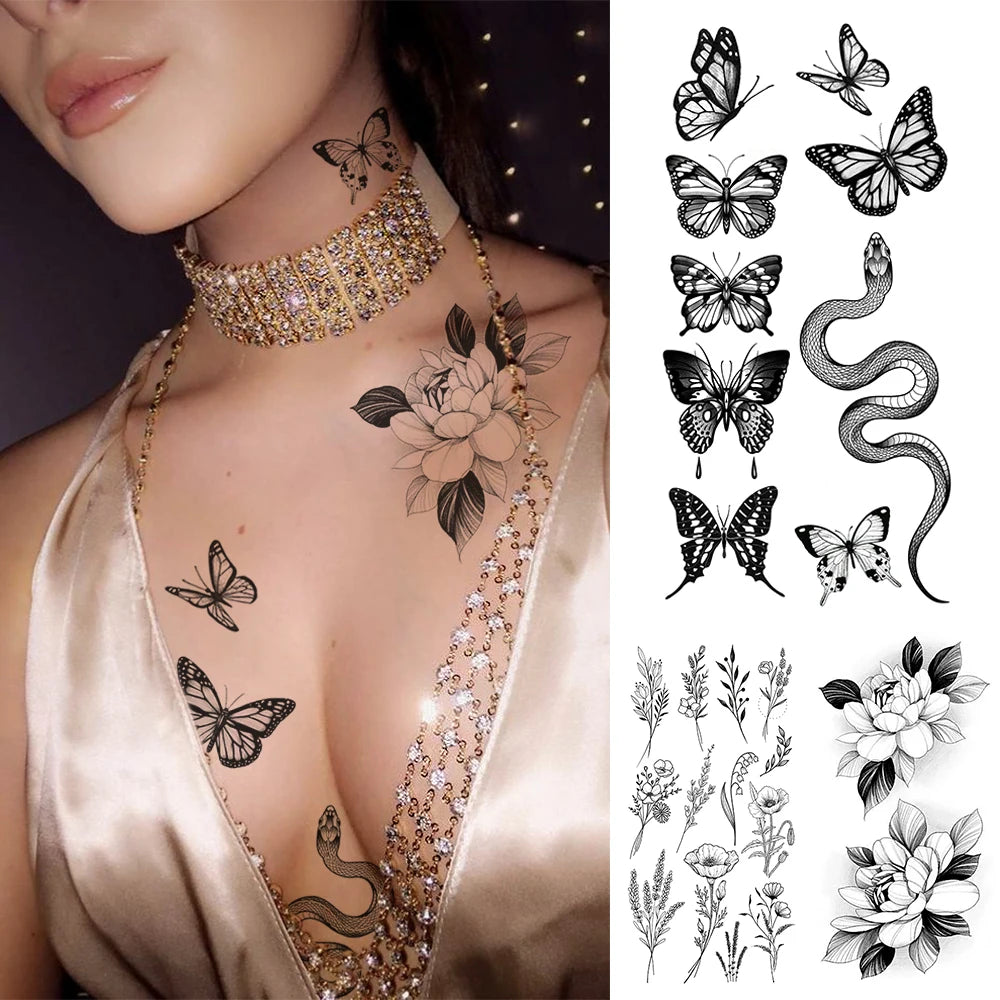 Autocollant de tatouage temporaire imperméable je t'aime tatouages ​​Flash impression de lèvres papillon fleurs Art corporel bras faux tatouage à manches femmes