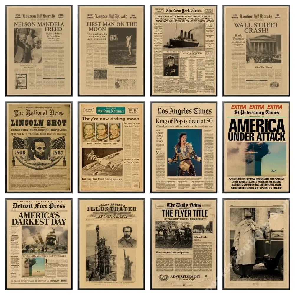 Affiche rétro du journal New York Times / actualités quotidiennes / Série d'affiches de vieux journaux Kraft papier peint vintage