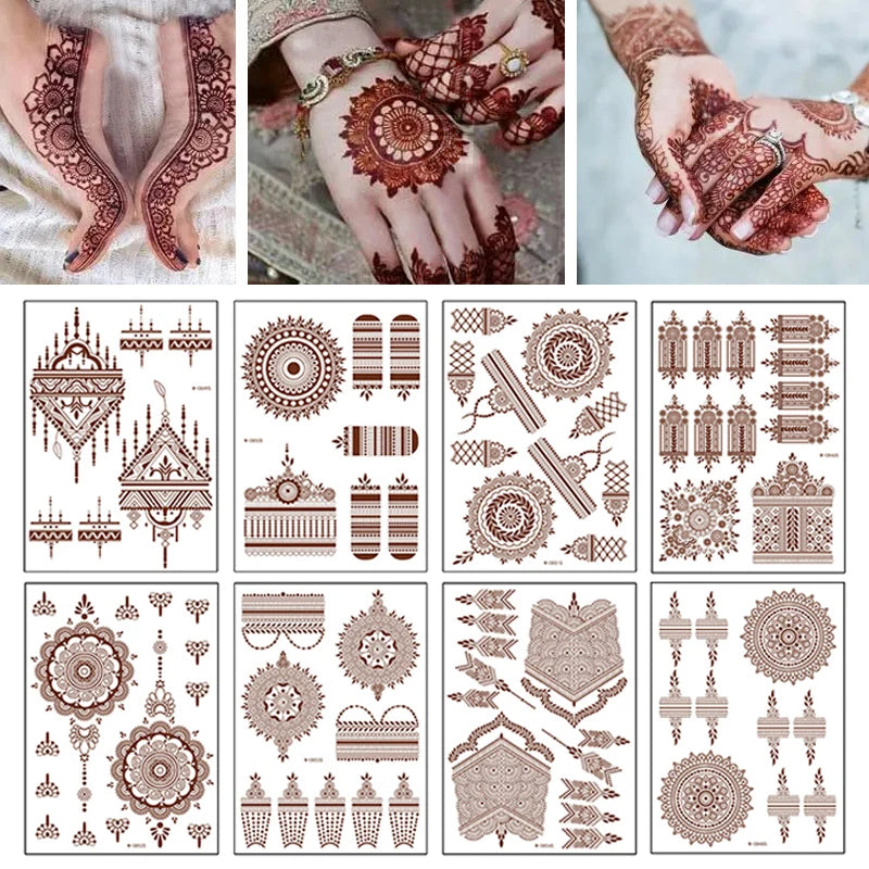 Tatuaje de Henna, pegatinas de Mehndi marrones para tatuajes temporales de mano, tatuaje artístico corporal resistente al agua para mujeres, Tatuaje falso, diseño de Hena