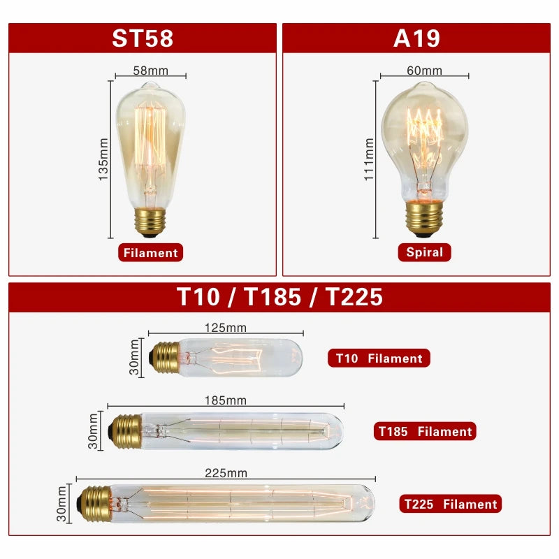 Ampoule rétro Edison E27 220V 40W, A60 ST58 ST64 T10 T45 T185 G80 G95, Ampoule Vintage à Filament, lampe spirale à incandescence