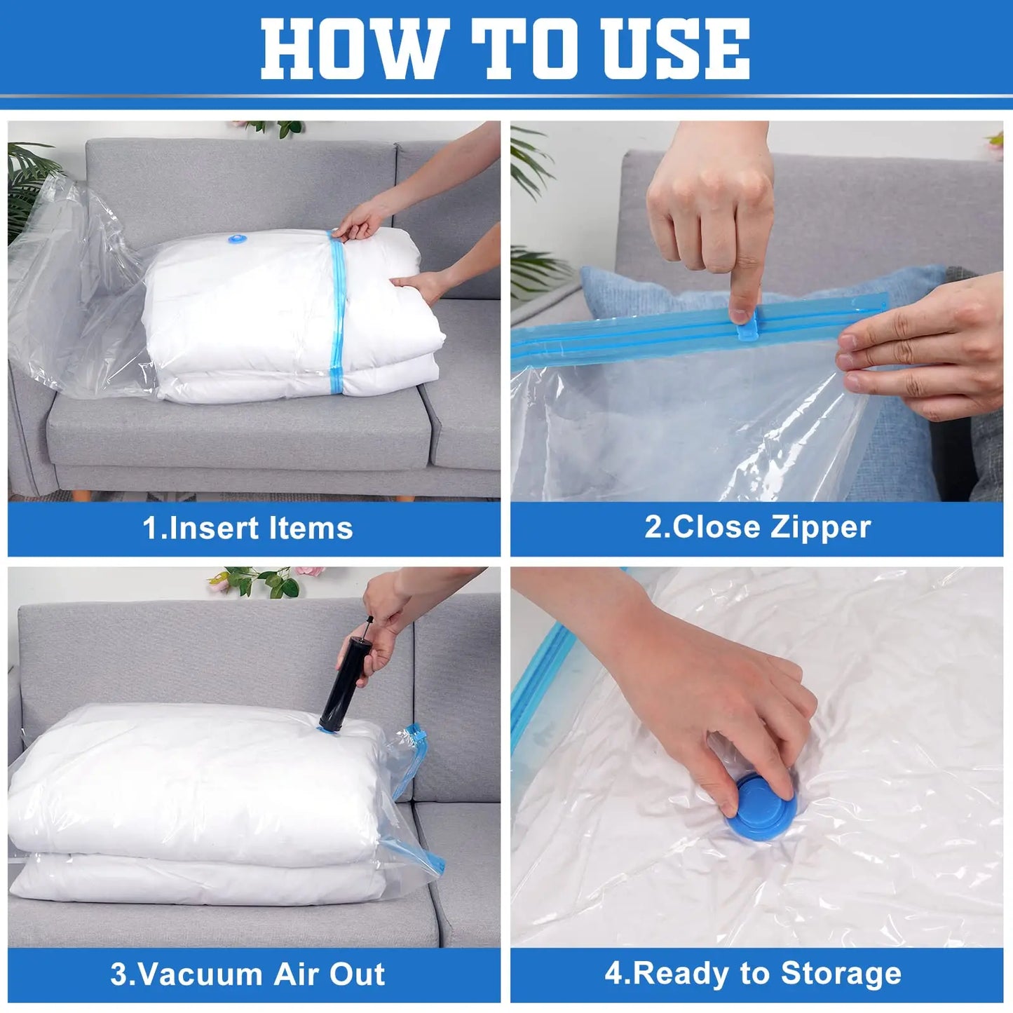 Vacuum Storage Bags Space Saver 80% More Compression Organizer Vacuum Sealer Bags with Travel Hand Pump for Blankets Clothes